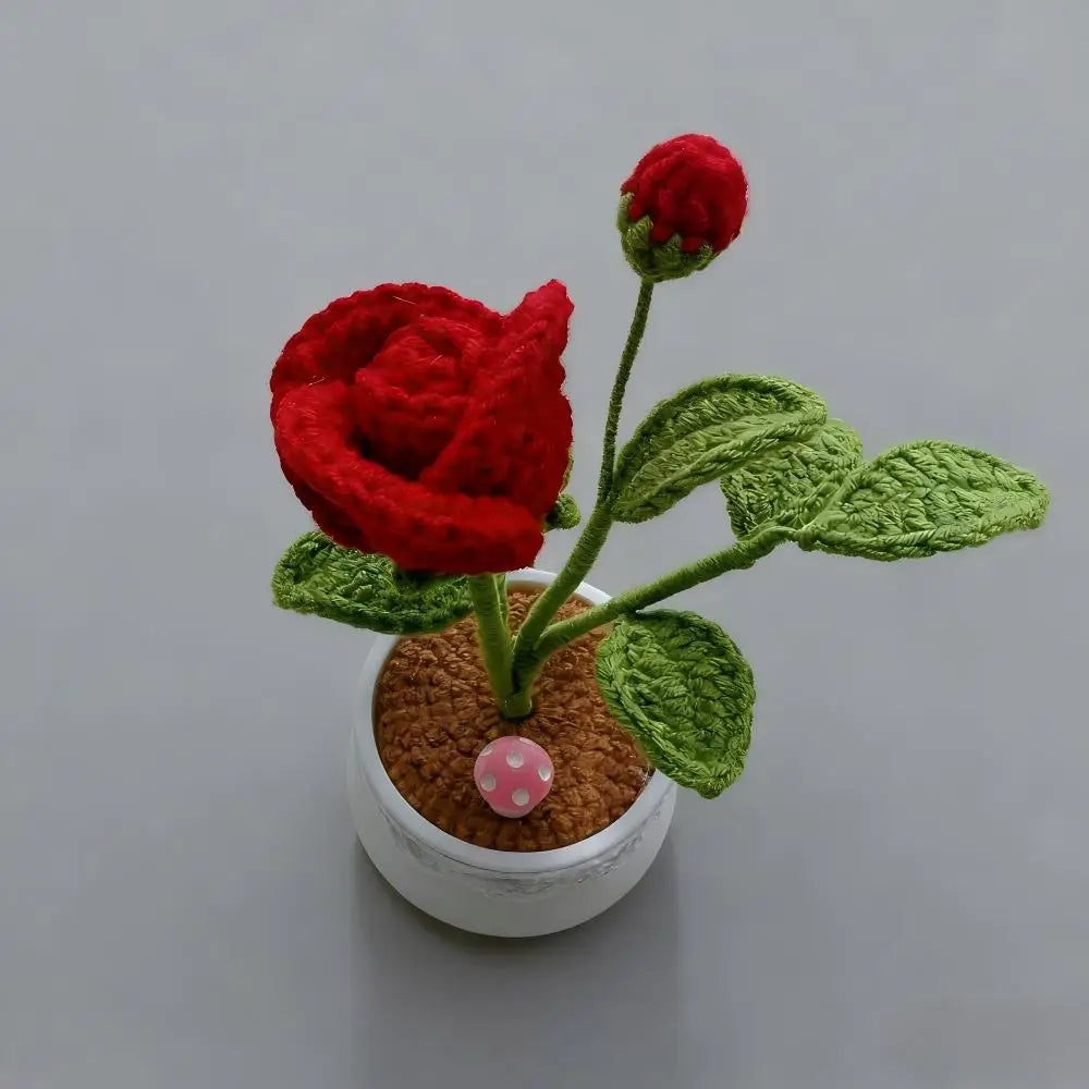 fleurs artificielles tricotées rouge rose violet bleu arrangement maison artisanal tricot decoration mariage valentin