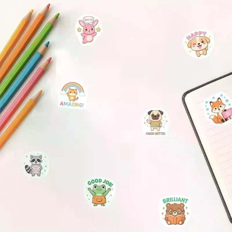 autocollants animaux dessin animé positifs phrases brillant bon travail heureux meilleure carte opaques adhésifs