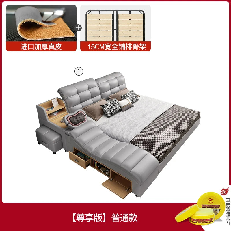 lit multifonctionnel moderne gris clair simili cuir tapis coussins rangement sous lit