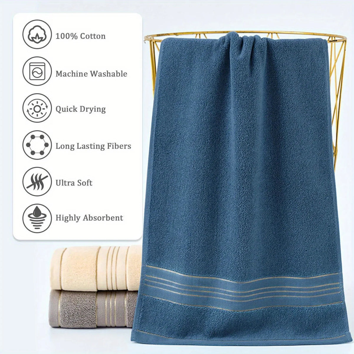 serviettes coton bleu marine rayures dorées moderne absorbantes rapide