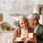 guirlande décorative happy anniversary lettres pailletées coeurs ballons cadeaux gâteau bougies festifs rouge or