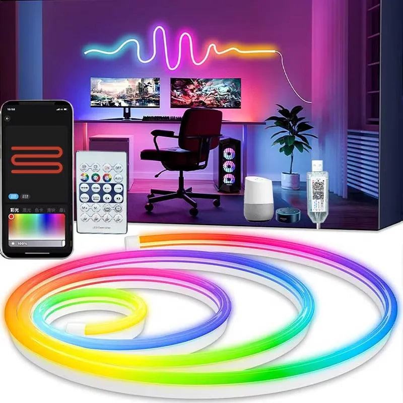 ruban led multicolore rouge vert bleu salon moderne télécommande application bluetooth