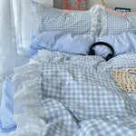 ensemble literie rose clair carreaux fronces blanches romantique doux tissu microfibre opacité