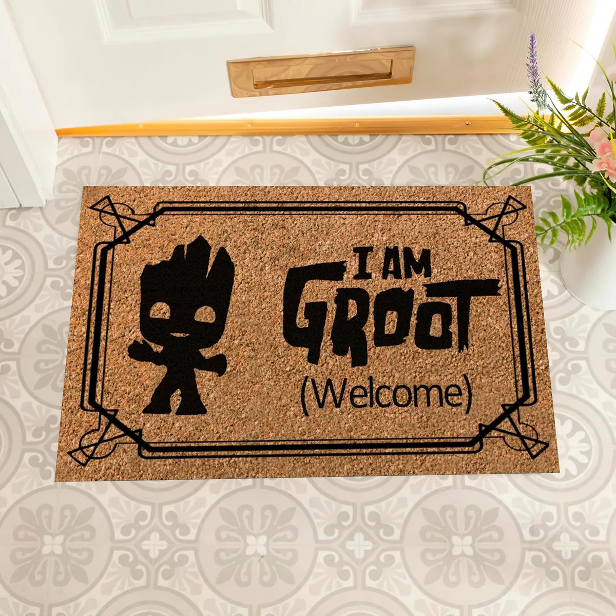tapis d'entrée marron clair groot bienvenue anti dérapant moderne