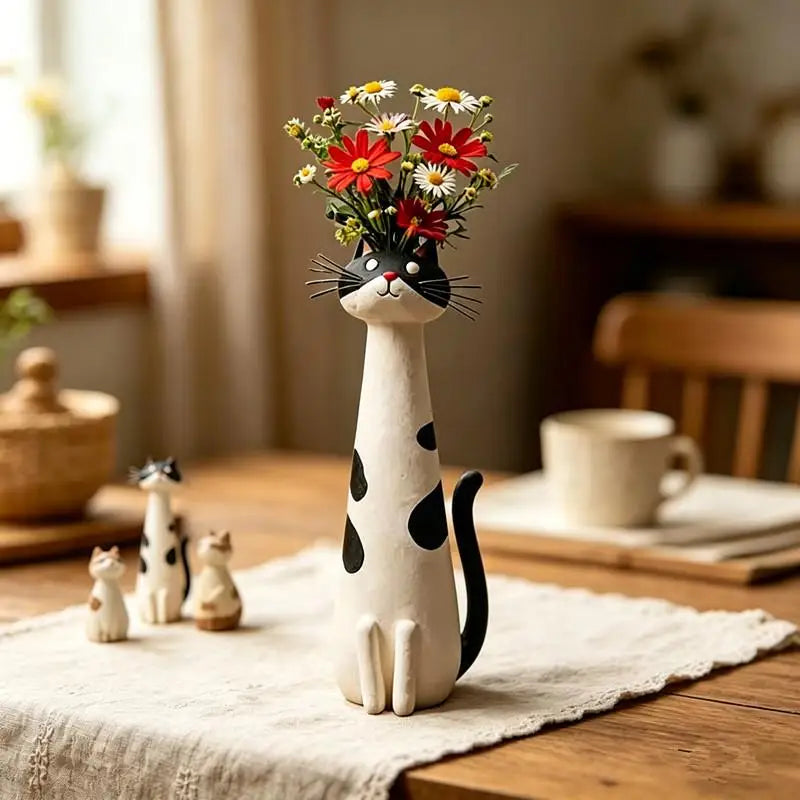 vases résine forme chat moderne couleur verte yeux oreilles queue motifs fleursDecorationMaisonBureauOrnementCartoon
