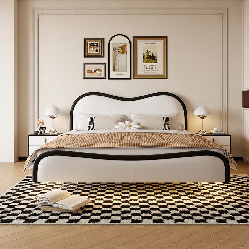 lit moderne bois blanc tissu doux franges oreillers coussins 150cm 180cm chambre minimaliste