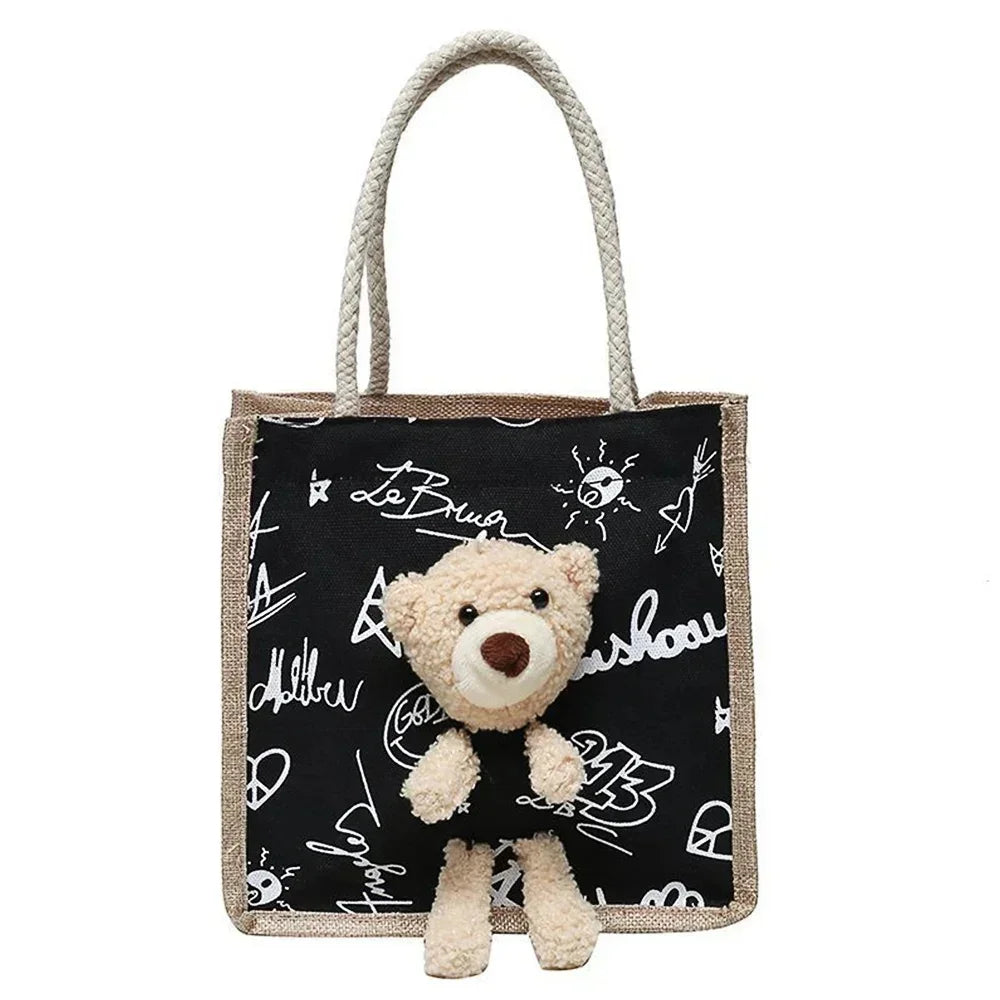 sac main toile vache motif moderne ours peluche poignées corde blanc noir tendance portable