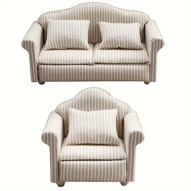 miniatures meubles classiques canapé fauteuil beige rayures coussins tissu texturé traditionnels