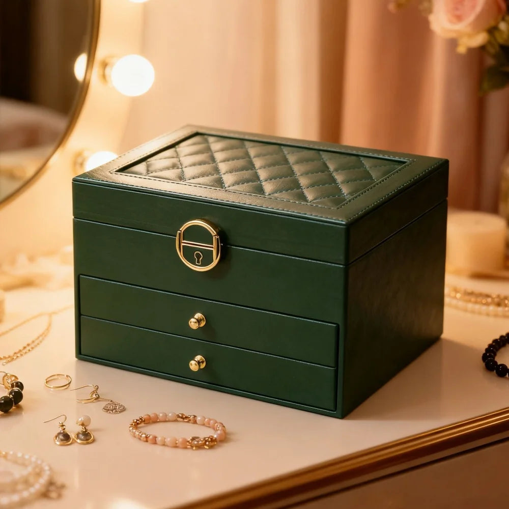 boîte rangement bijoux cuir motifs géométriques compartiments velours classique vert noir blanc rose chic