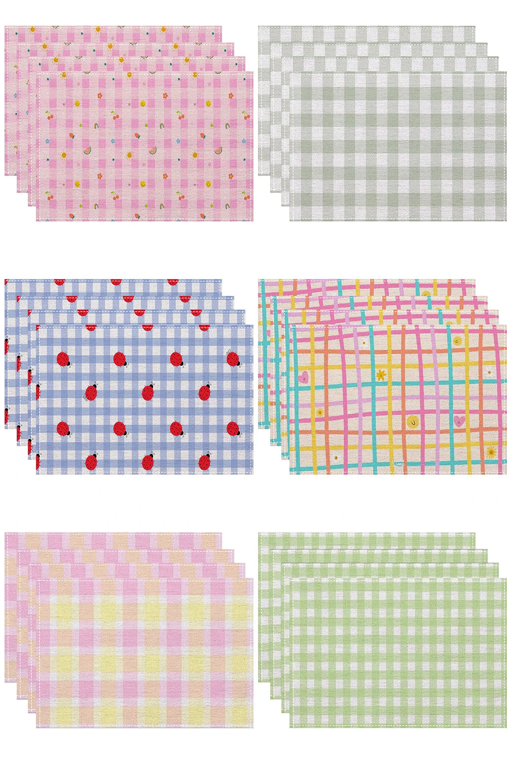 serviettes table carreaux fruits fleurs moderne rose clair gris clair bleu clair jaune clair