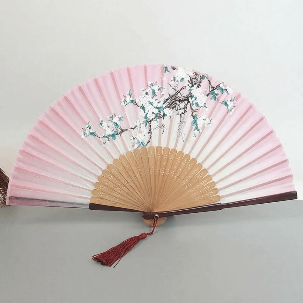 éventail traditionnel floral soie bambou pompon tissu blanc beige violet noir rose clair