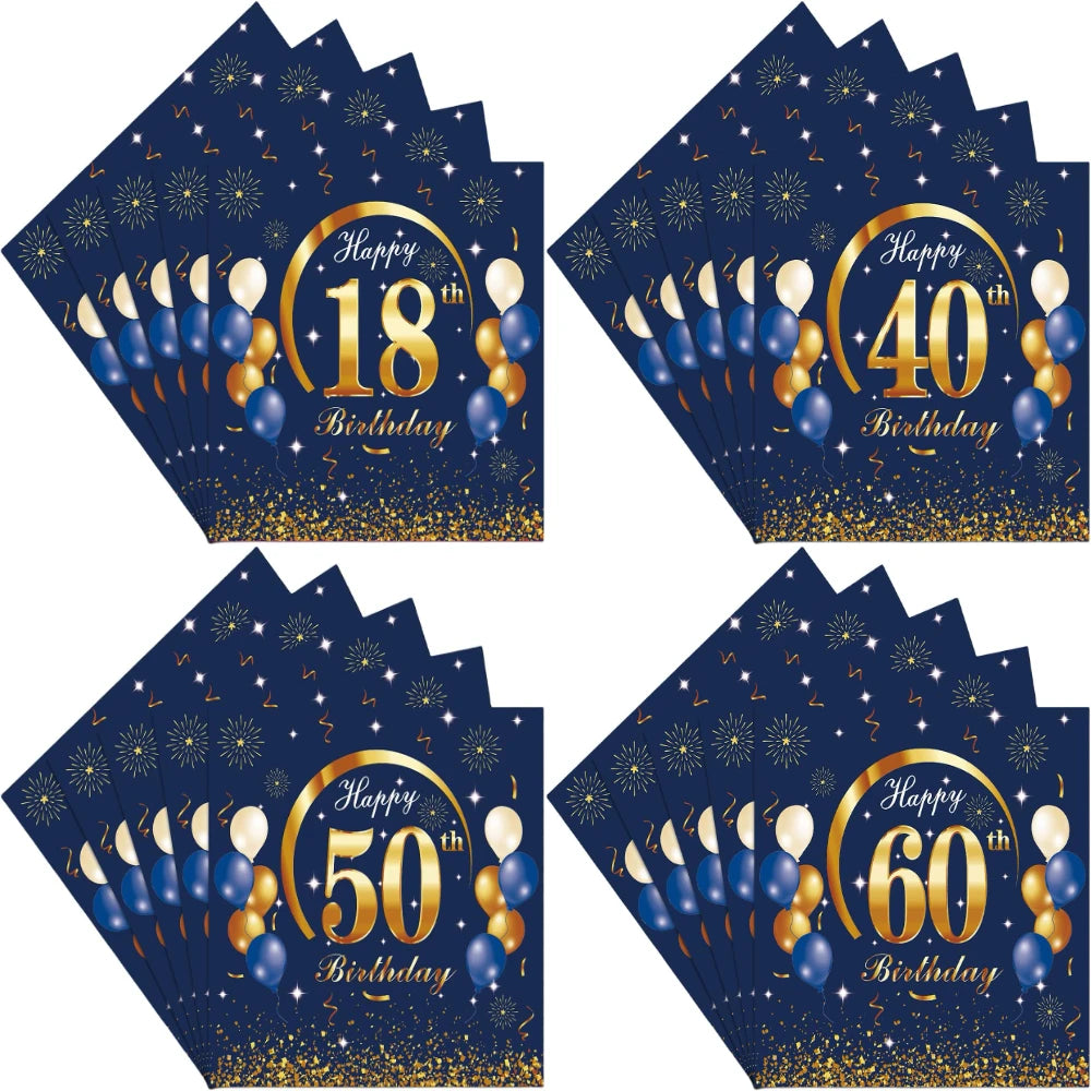serviettes papier anniversaire fleurs chiffres dorés bleu marine fête confettis ballons age