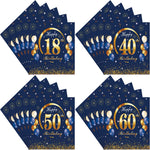 serviettes papier anniversaire fleurs chiffres dorés bleu marine fête confettis ballons age