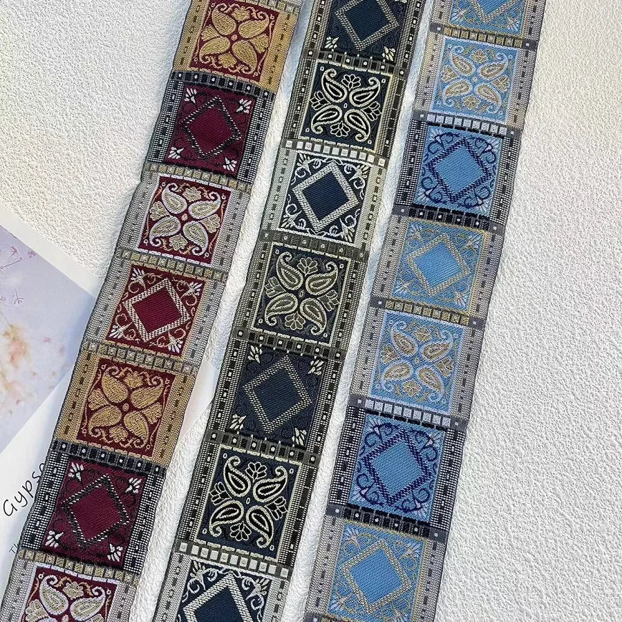 ruban polyester patchwork géométrique floral largeur 5cm classique rouge bleu beige noir