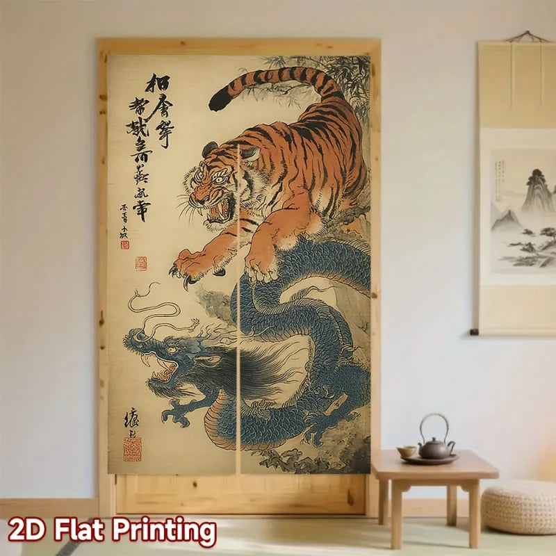 rideau japonais traditionnel noren motif tigre dragon calligraphie clips magnétiques orange noir cuisine maison