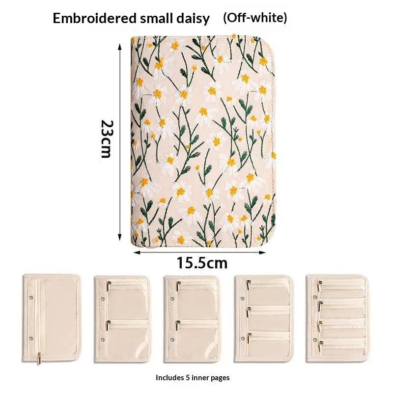 sac rangement bijoux zip fleurs motifs floraux beige doré blanc
