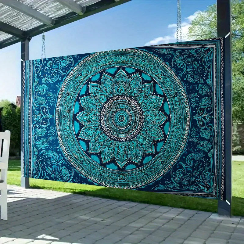 tapisserie boho mandala florale détaillée bleu turquoise ethnique fixations crochets large