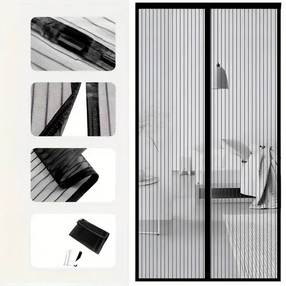 rideau moustiquaire porte noir blanc maille fine cadre noir moderne minimaliste adhésif tringle bandes