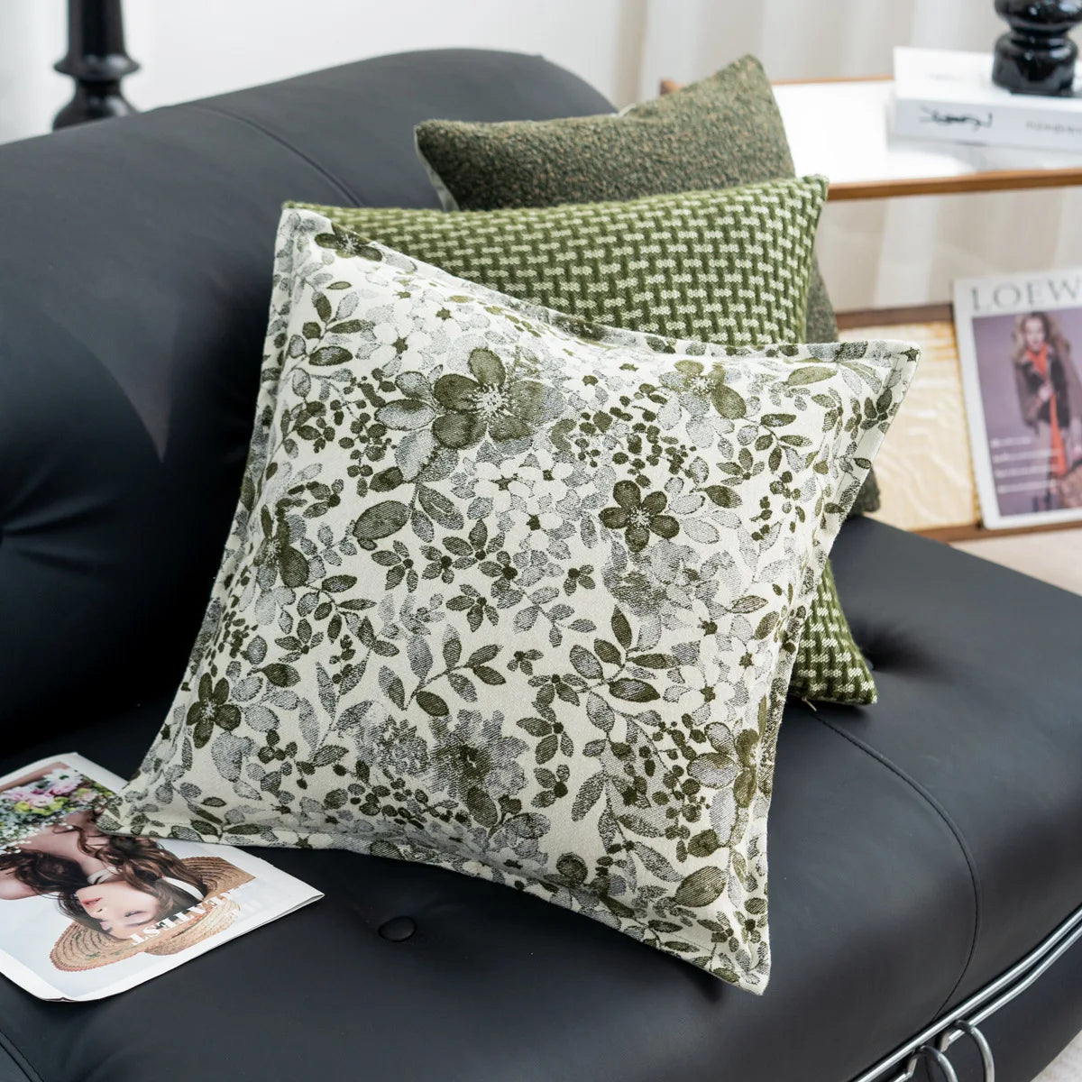 coussin deco vert olive motif floral moderne polyester jacquard adhesif 45x45cm 30x50cm