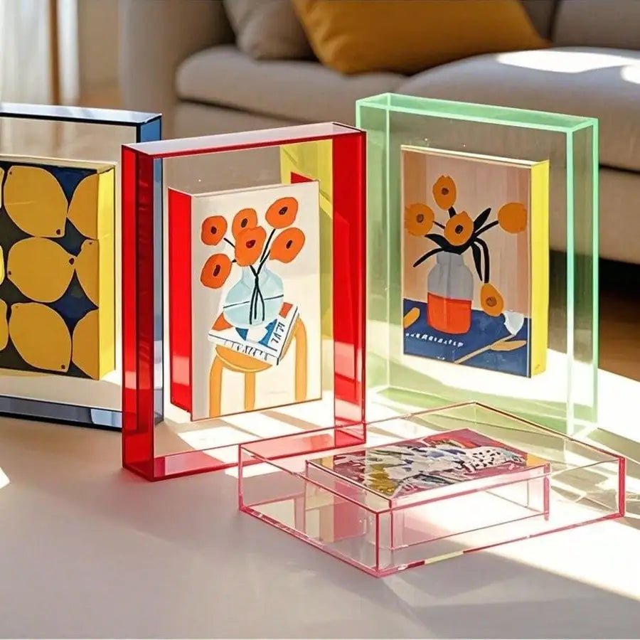 cadres photo transparents modernes abstraits géométriques couleurs vives rouge vert jaune bleu orange rose