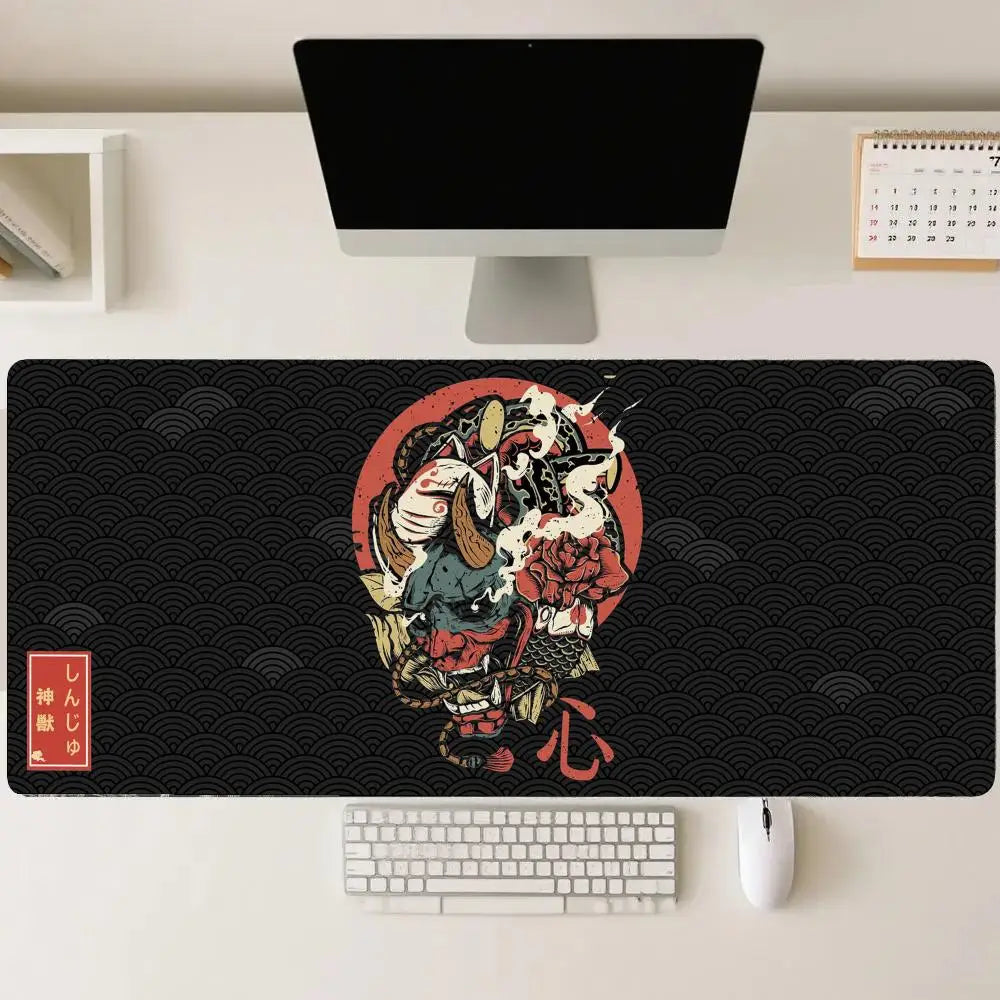tapis souris neoprene caoutchouc noir rouge vert motif samouraï vagues fleurs traditionnel japonais gaming