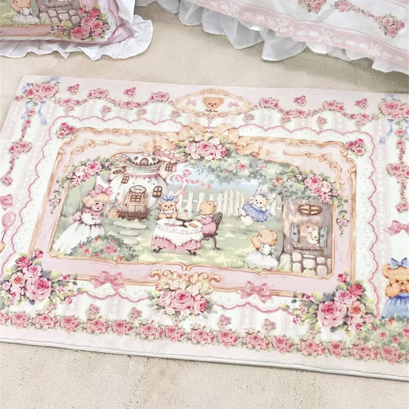tapis vintage rose personnages animaux paysage champêtre fleurs intérieur extérieur
