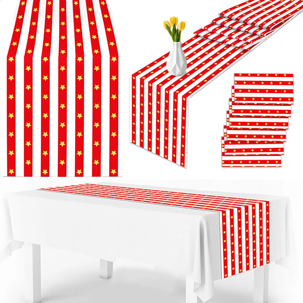 nappes jetables festives rayures rouge blanche étoiles dorées anniversaire carnaval cirque decoration table