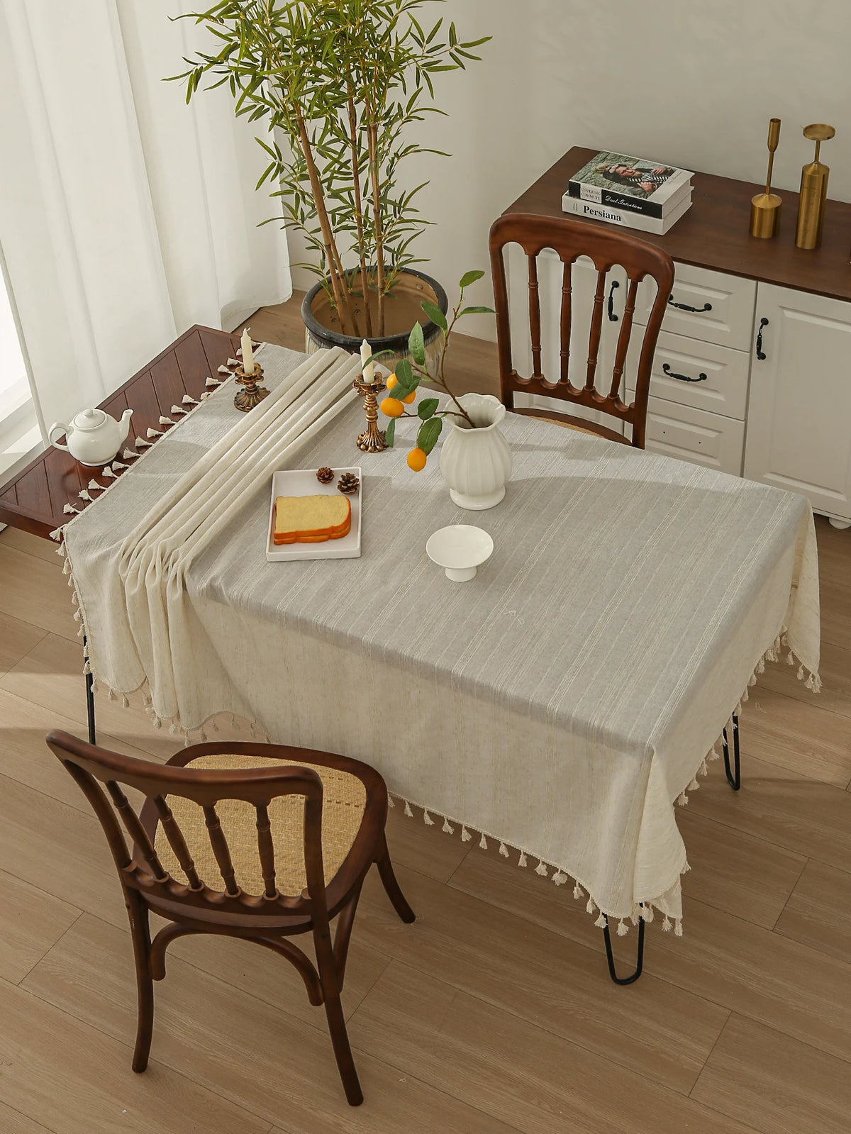 nappe table rectangulaire tissage apparent franges pompons rustique bohème printemps été automne hiver