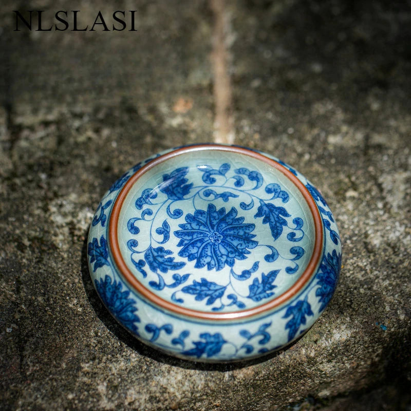 boîte thé bleu blanc rouge peinture chinoise artisanale tasse inclusion montagne fleur