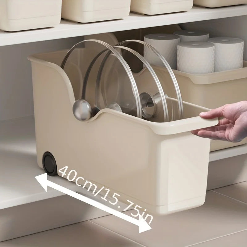 bac rangement moderne boîte stockage réutilisable roulettes poignée beige clair plastique