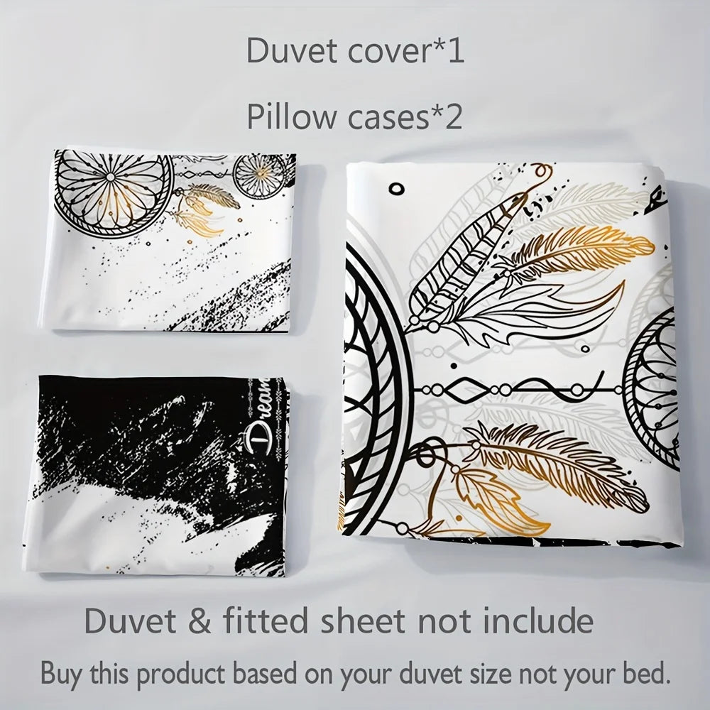 ensemble literie motif ethnique blanc noir plumes dorées housses couette deux taies oreillers abstrait