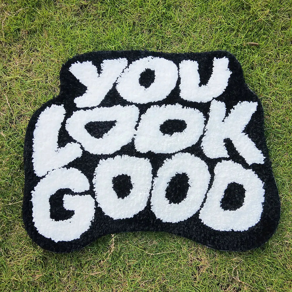 tapis acrylique lettre YOU LOOK GOOD moderne antidérapant noir blanc intérieur salon chambre