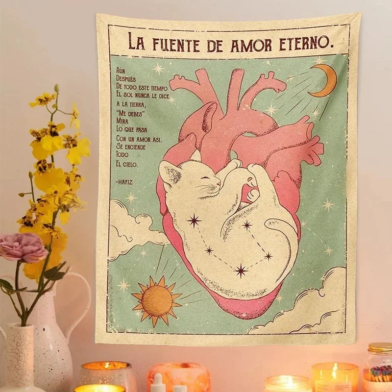 tapisserie murale chats lune soleil bohème chambre esthétique kawaii beige rose verte bleue orange