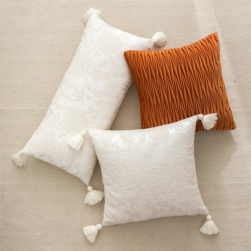 coussin patchwork fleur bohème chic blanc orange pompons adhésif 30x70cm 45x45cm polyester coton lavable