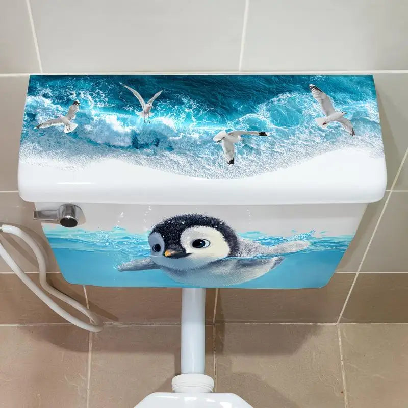 cache cuvette toilette pingouin oiseaux vagues bleu blanc moderne adhésif salle bain décoration intérieure