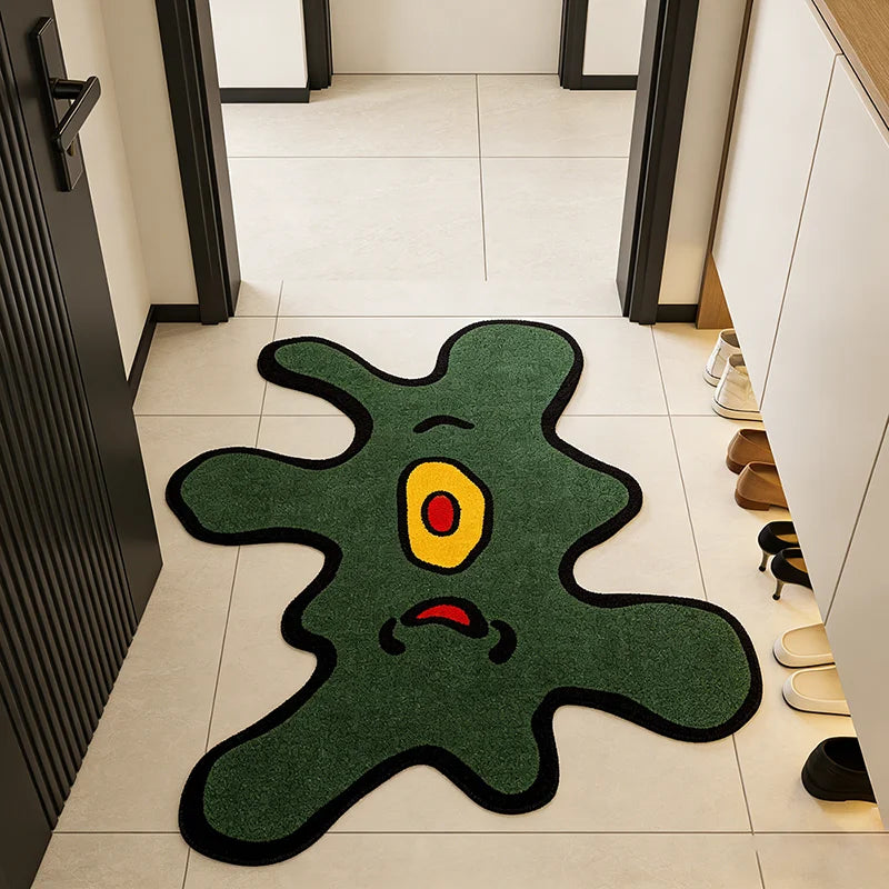 tapis abstrait contemporain vert foncé yeux jaunes sourire rose chambre salon décoration doux lavable