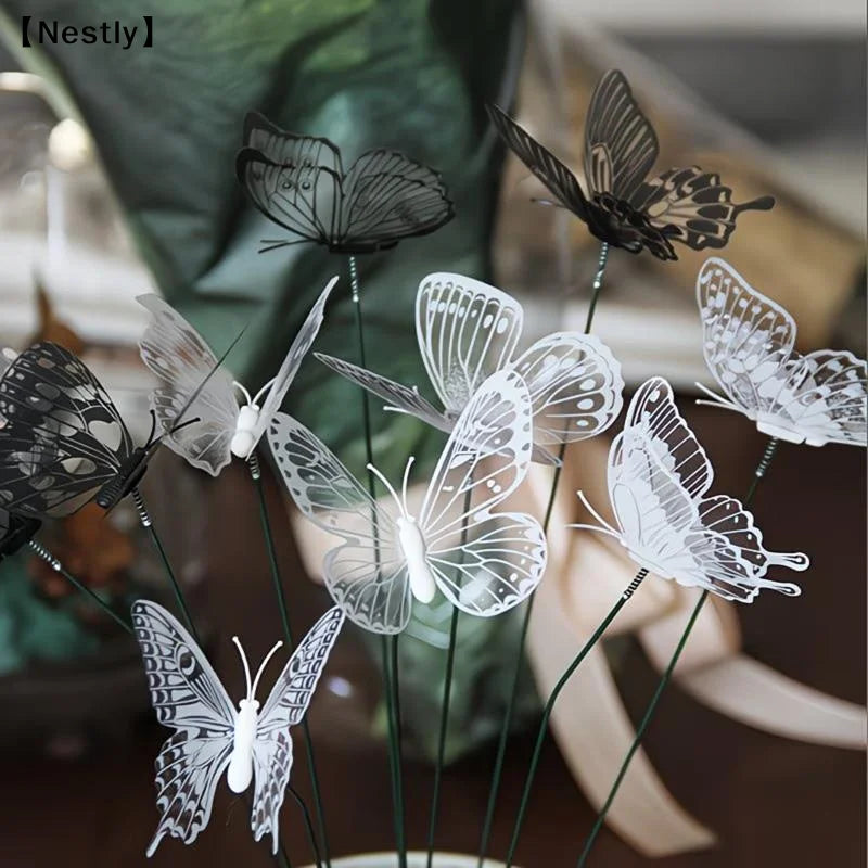décorations papillons fleurs noires blanches argentées bronze texturées transparentes tige métallique bouquet plantes 25cm