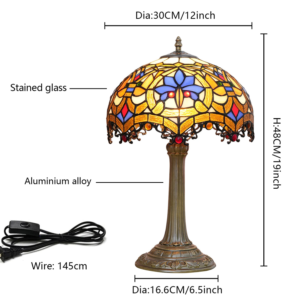 lampe table tiffany motifs géométriques couleurs vives vintage interrupteur bouton poussoir