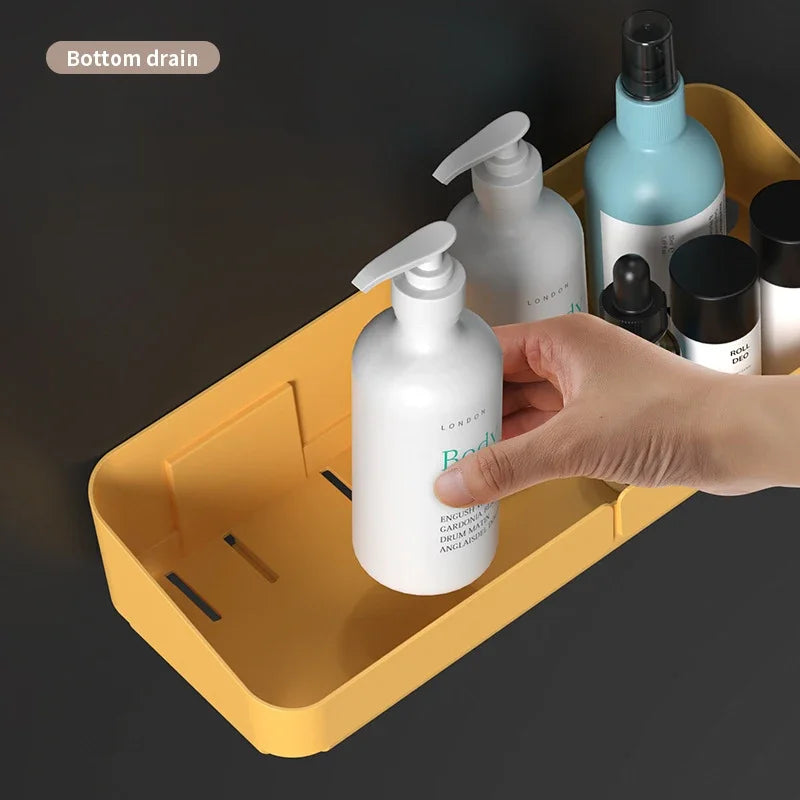 étagère rangement murale adhésive bleu jaune blanc moderne bouteilles flacons pots cosmétiques salle bains