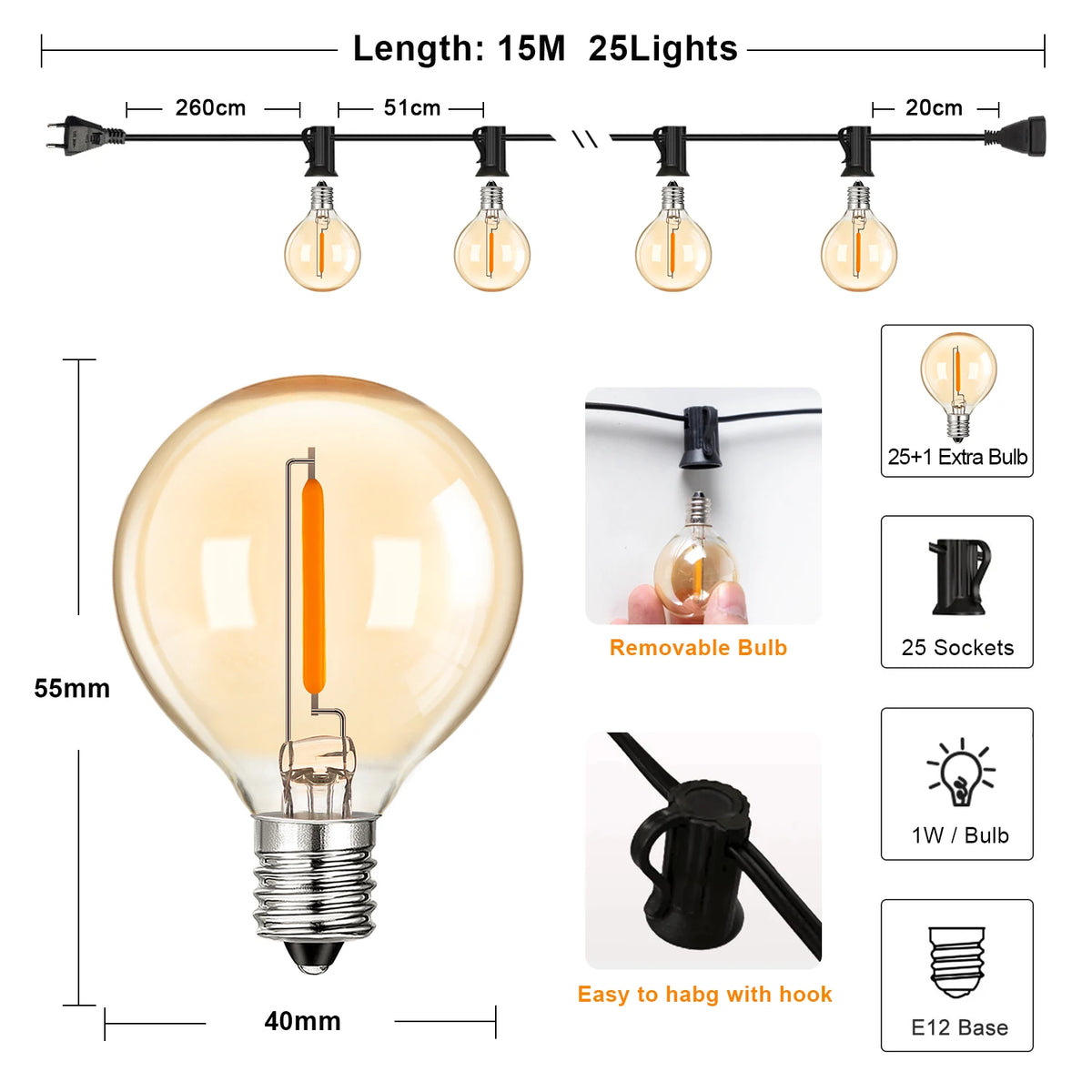 guirlande lumineuse led ampoules globe verre jaune orangé industrielle vintage imperméable extérieure 220v