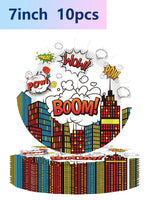 assiettes jetables multicolores illustration ville pop art kaboom pow wow anniversaire événement festif