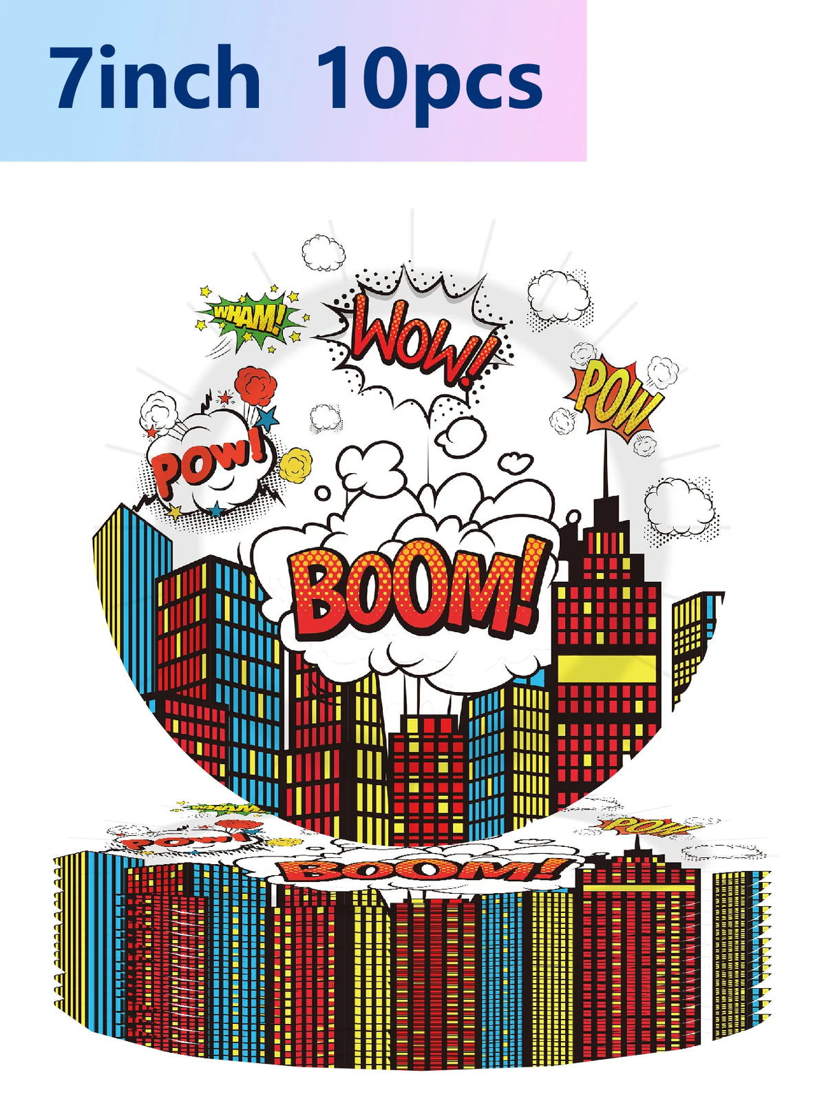 assiettes jetables multicolores illustration ville pop art kaboom pow wow anniversaire événement festif