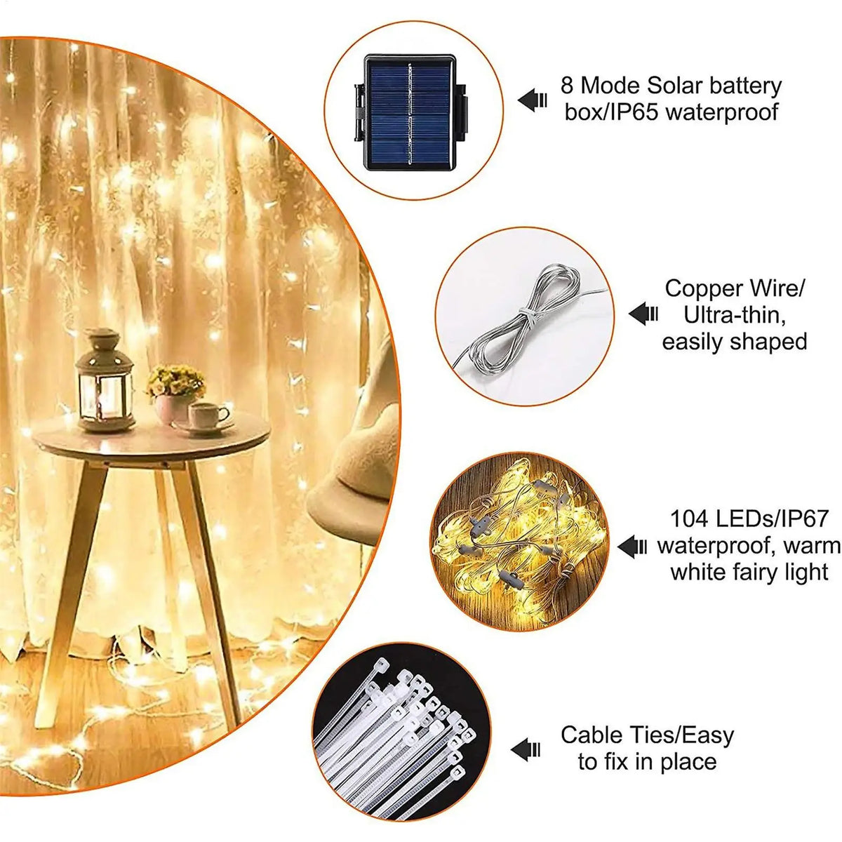 parasol moderne beige 104 led solaire modes ip67 étanche patio jardin lumière clips câble