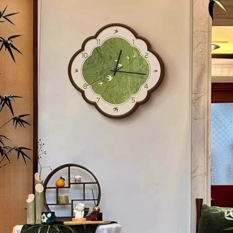 horloge murale moderne motif feuilles vert clair bois bambou salon étude quartz aiguille