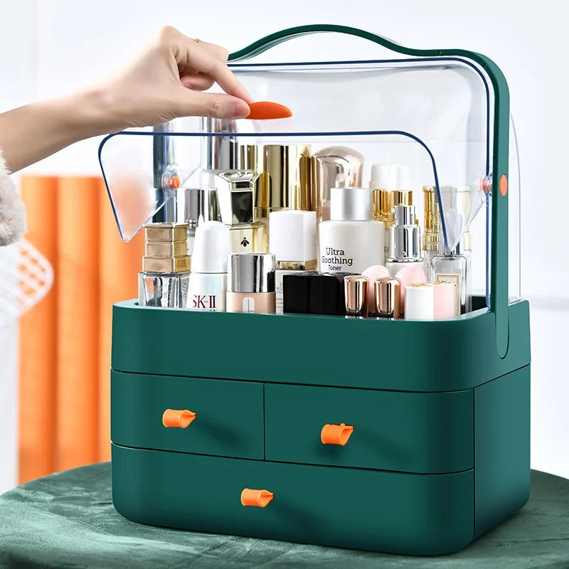 boîte rangement cosmétique moderne vert foncé rose blanc poignées anti poussière organisation maquillage pratique