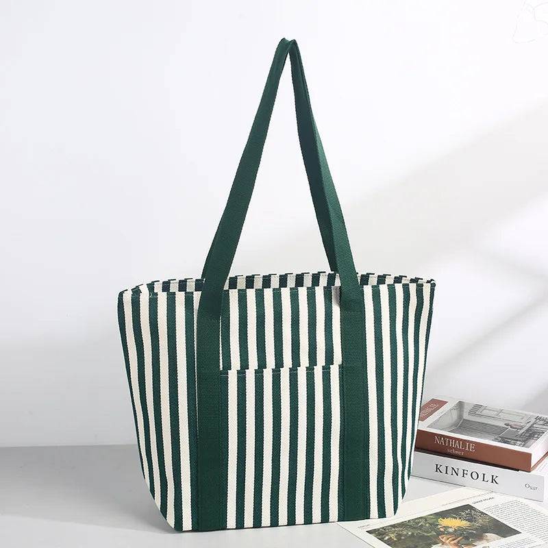 sac main toile rayé vert blanc moderne poignées détachables fermeture glissière grande capacité portable