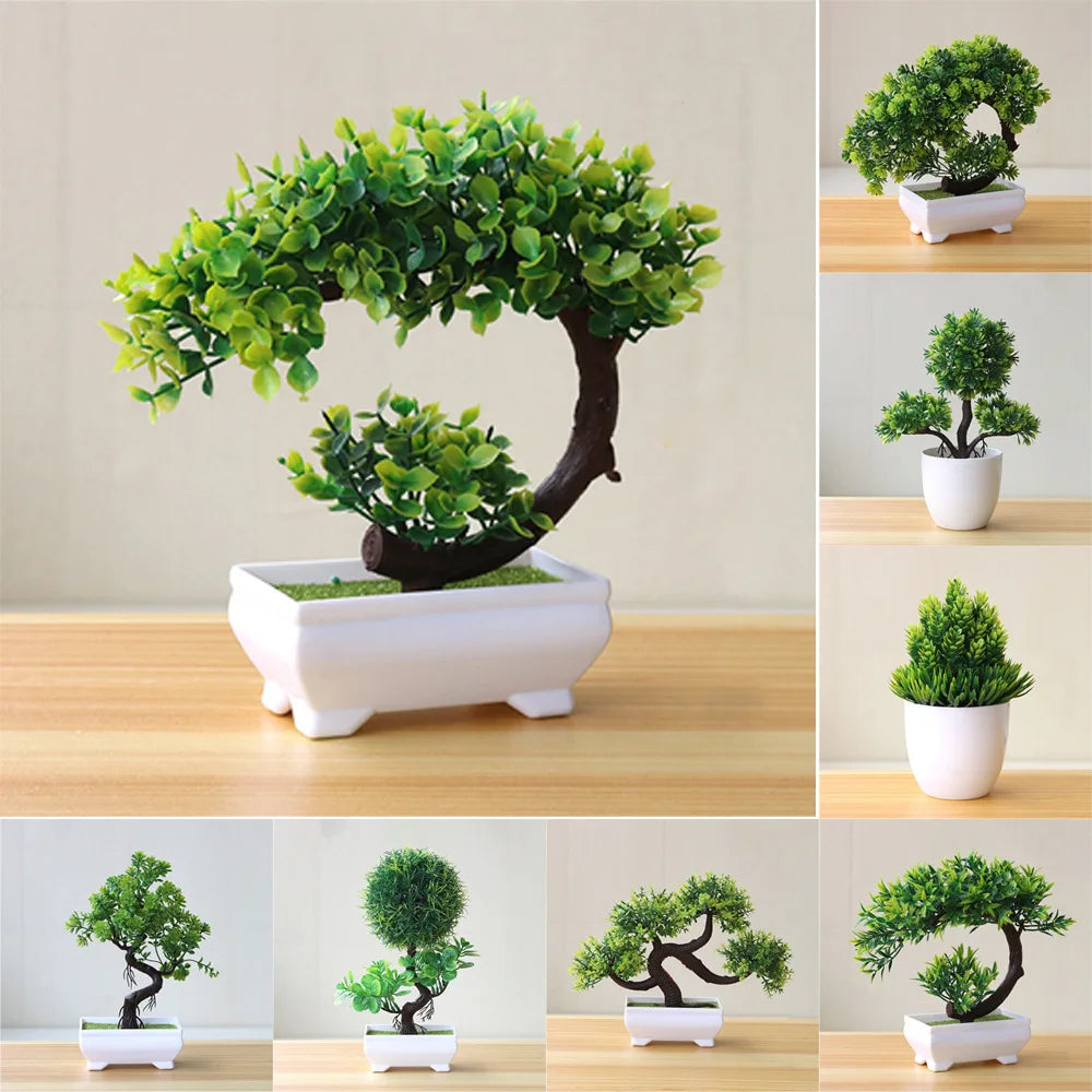 bonsaï artificiel vert clair feuilles fines pot blanc mousse verte tronc rugueux classique décoration
