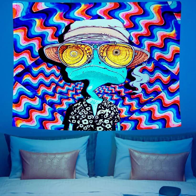 tapisserie pop art rayures ondulées motif floral bleu rouge jaune noir rectangle lavable machine