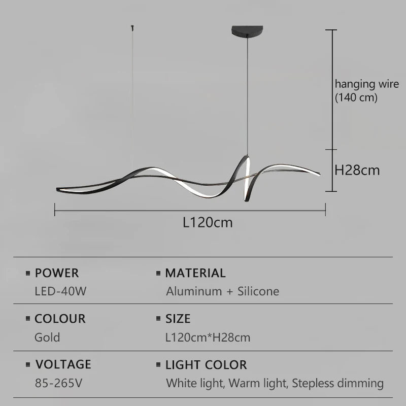 lampe suspendue moderne câble noir doré ondulé 120cm 140cm lumière froideversible