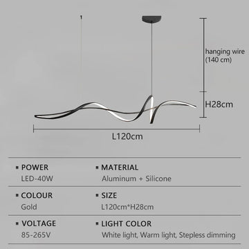 lampe suspendue moderne câble noir doré ondulé 120cm 140cm lumière froideversible